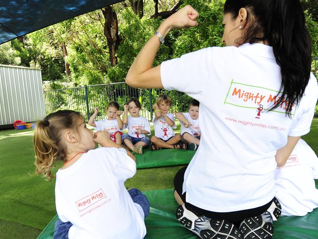 Simone Joseph with her Mighty Mites class at Pippies in Balmoral, where kids exercise and meditate.