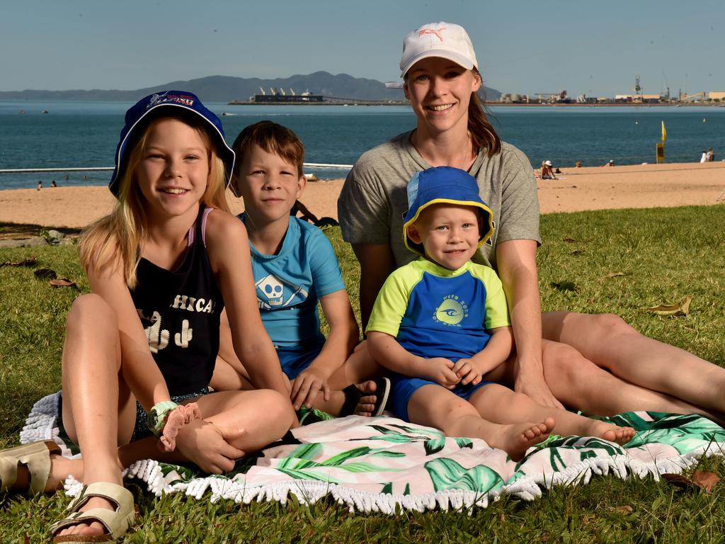 Townsville residents relaxing on the Strand after the relaxation of COVID-19 restrictions. Elissa Mythen with Holli, 10, Finn, 8, and Hudson, 3, from Mundingburra. Picture: Evan Morgan