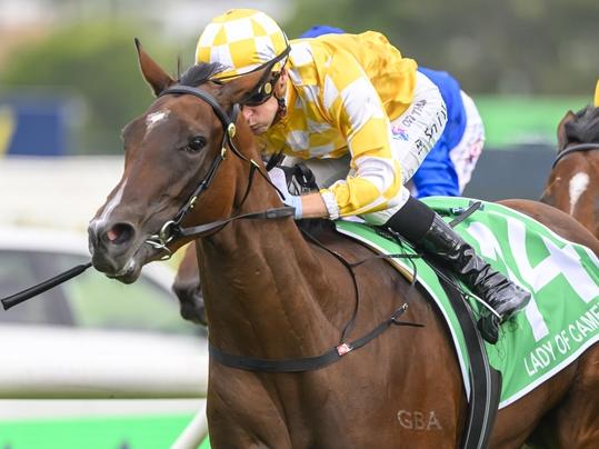 TAB GOLDEN SLIPPER Race 8 - Rosehill Gardens, 23/03/2024, Winner - Lady Of Camelot, Jockey - Blake Shinn, with Storm Boy (Ryan Moore) following. Picture: Bradley Photos