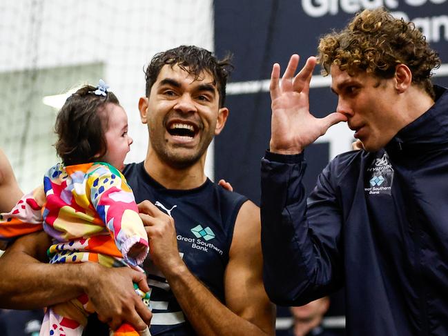 Plenty of fun for Jack Martin and Charlie Curnow. Picture: Dylan Burns/AFL Photos via Getty Images