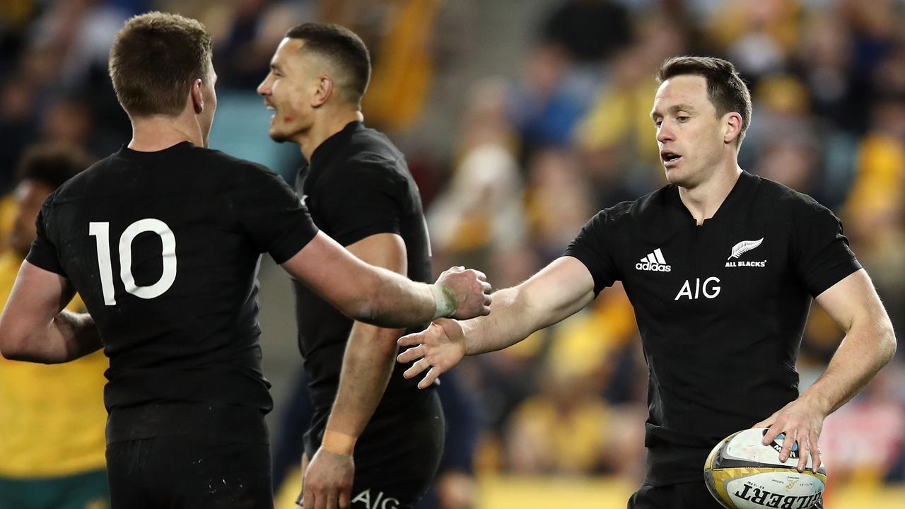 Beauden Barrett and Ben Smith of the All Blacks during the Bledisloe Cup.