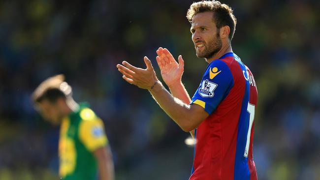 NORWICH, ENGLAND - AUGUST 08: Yohan Cabaye of Crystal Palace celebrates his team's 3-1 win in the Barclays Premier League match between Norwich City and Crystal Palace at Carrow Road on August 8, 2015 in Norwich, England. (Photo by Stephen Pond/Getty Images)