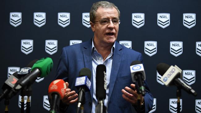 NRL Head of Football Elite Competitions Graham Annesley speaks to the media in Sydney, Wednesday, July 16, 2018. NRL Match Official Belinda Sharpe will become the first top flight female rugby league referee in Australia when she officiates the NRL match between Canterbury and Brisbane at Suncorp Stadium on Thursday night. (AAP Image/Joel Carrett) NO ARCHIVING