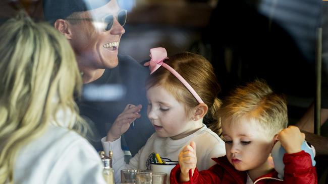 Roxy Jacenko and husband Oliver Curtis have brunch at Bills restaurant , Bondi Beach with their two children Pixie, 5, and Hunter, 3. Pic Jenny Evans