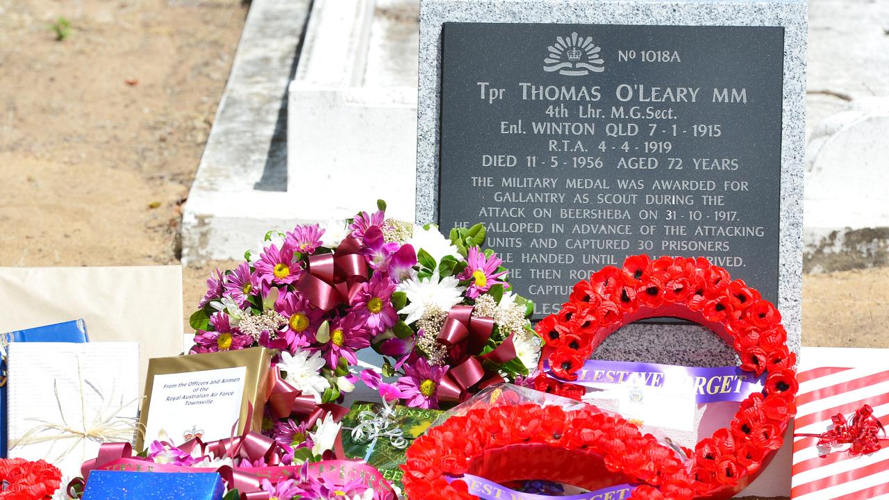 The Townsville gravesite of Trooper Thomas O’Leary, a World War I hero. O’Leary, who lived to the age of 72, was awarded the Military Medal for Gallantry in the famous Charge of Beersheba. Picture: Supplied