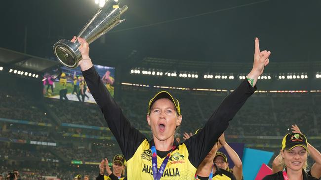 Meg Lanning celebrates the Women’s World T20 title win. Picture: AAP