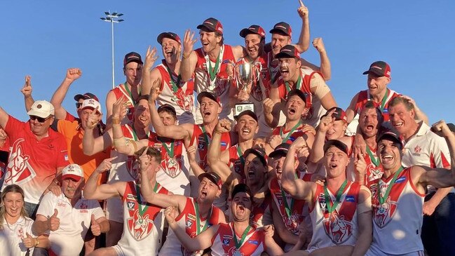 Fish Creek celebrate winning their first ever Mid Gippsland league title and their 37th overall. Picture: Mid Gippsland Football League.