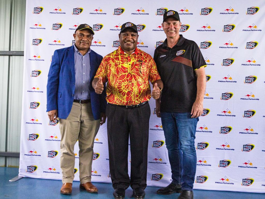 PNG NRL bid chairman Wapu Sonk, Prime Minister James Marape and PNG RL chairman Andrew Hill.