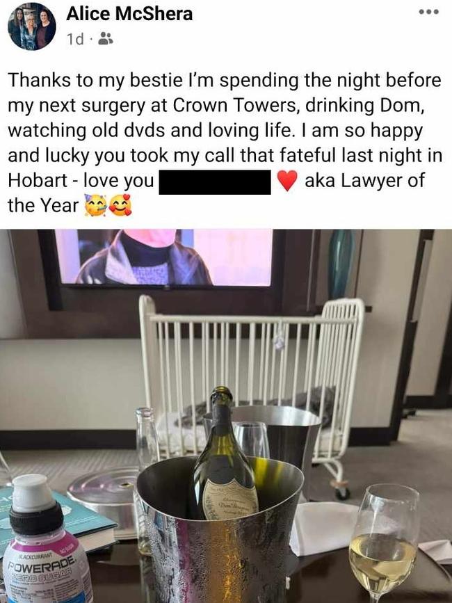 One of Ms McShera's final social media posts, indicating she was staying at Crown Towers before undergoing a surgical procedure.