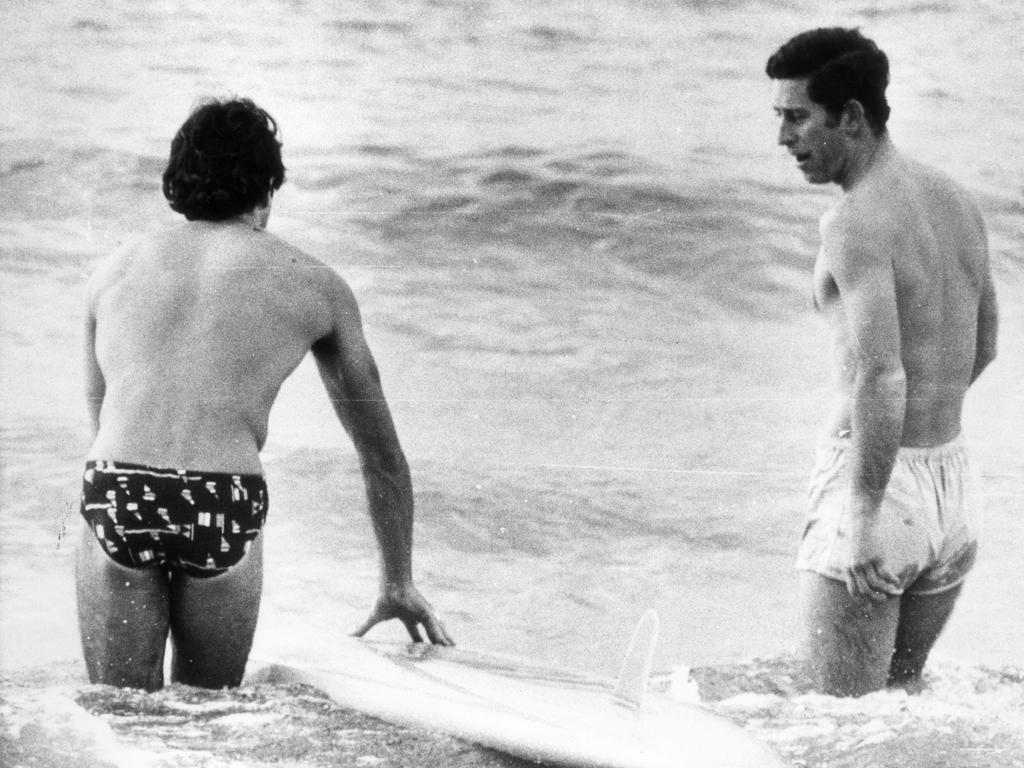 5th October 1977: Charles, Prince of Wales surfing at Bondi Beach, Sydney. (Photo by Keystone/Getty Images)