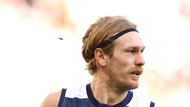 PERTH, AUSTRALIA - AUGUST 10: Tom Stewart of the Cats in action during the round 22 AFL match between Fremantle Dockers and Geelong Cats at Optus Stadium, on August 10, 2024, in Perth, Australia. (Photo by Paul Kane/Getty Images)