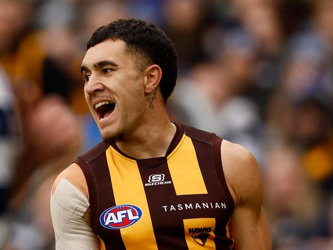 MELBOURNE - APRIL 10: Tyler Brockman of the Hawks rues a missed shot on goal during the 2023 AFL Round 04 match between the Geelong Cats and the Hawthorn Hawks at the Melbourne Cricket Ground on April 10, 2023 in Melbourne, Australia. (Photo by Michael Willson/AFL Photos via Getty Images)