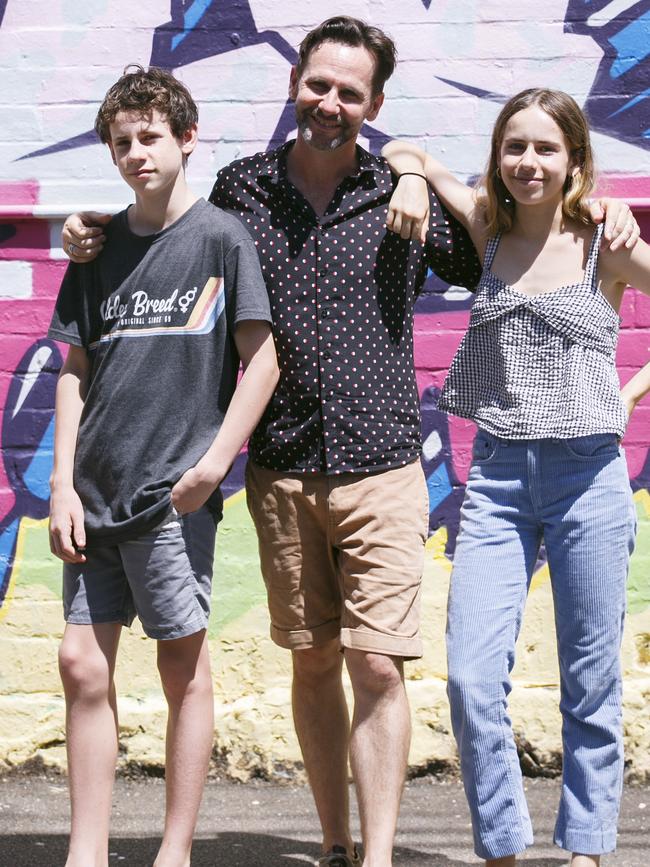 Radio DJ Robbie Buck with his children, Sophia, 15, and Oscar, 13. Picture: Tim Pascoe