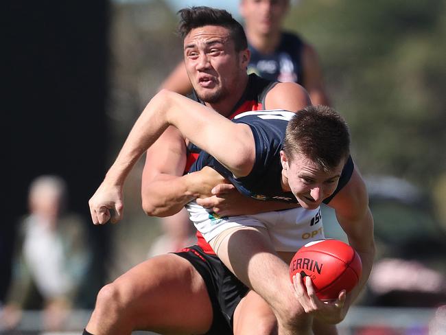 Football. Tasmanian State League. Thor Boscott tackles Launceston’s Tyson Miller earlier this season. Picture: NIKKI DAVIS-JONES