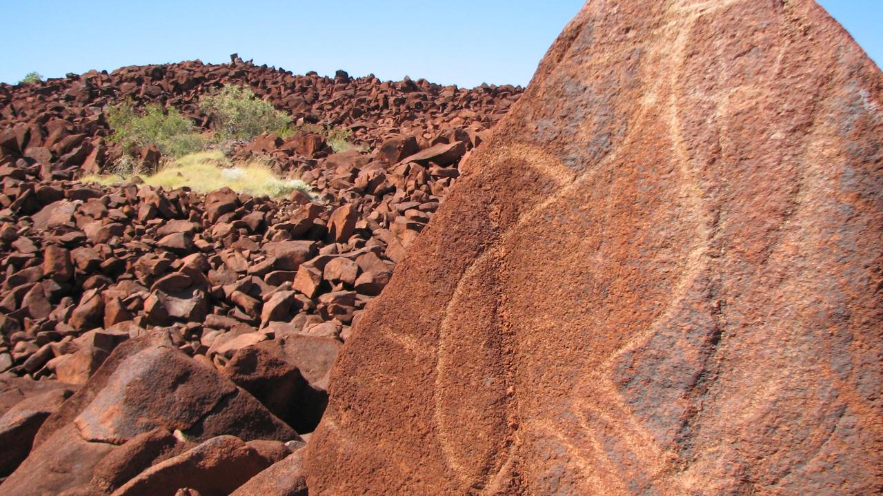 Aboriginal rock art of an emu pictured at Murujuga where Woodside want to extend its North West Shelf gas plant for another 40 years. Picture: Save Our Songlines
