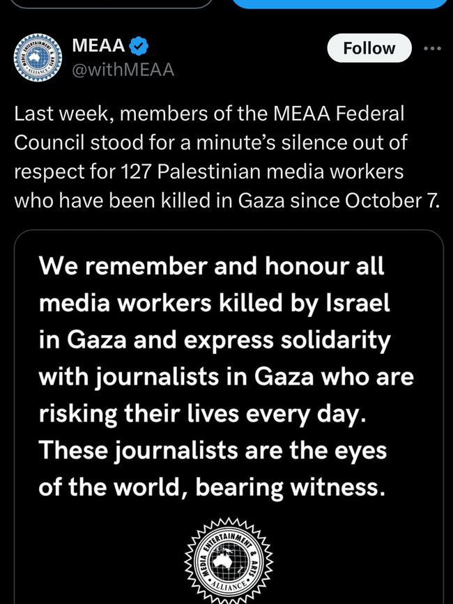 A post on X by the MEAA expressing solidarity with media workers killed by Israel in Gaza.