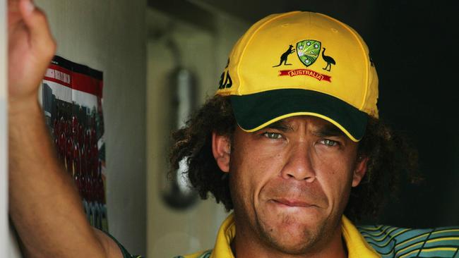 Andrew Symonds stands at door of team dressing room during Australia v Bangladesh one-day game in Cardiff during 2005 after he was stood down from the match for disciplinary reasons