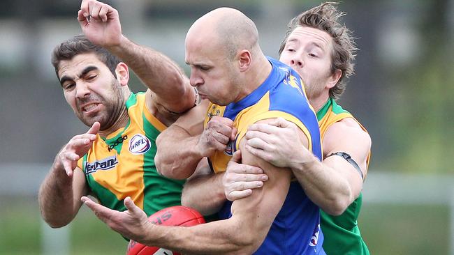 WRFL: Spotswood V Deer Park. Spotswood No. no 2 Tom Langlands and no.8 Ahmed Souki tackle Deer Park No.Jackson Barling. Picture: Sarah Matray