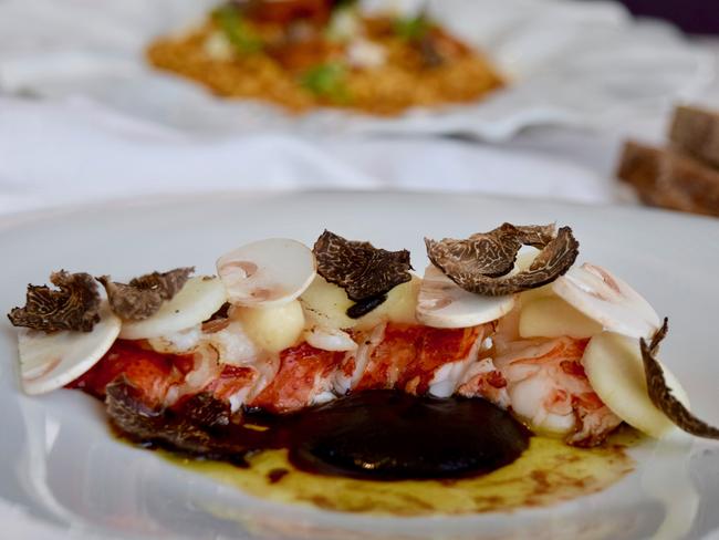 Altitude Restaurant’s Marron with mushrooms, squid ink, bone marrow and truffles. Picture: Jenifer Jagielski