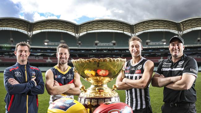 Adelaide's Heath Younie and Matthew Wright with Port Adelaide Cameron Sutcliffe and Matthew Lokan who could be headed for a showdown in the SANFL Grand Final. Picture Sarah Reed