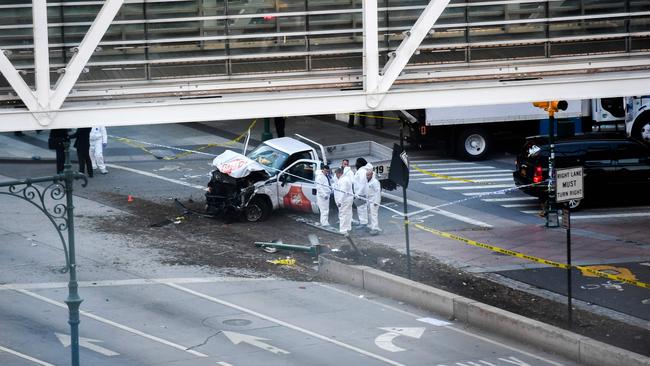 The mangled ute used by the terrorist to mow down pedestrians and cyclists. Picture: AFP PHOTO / Don EMMERT