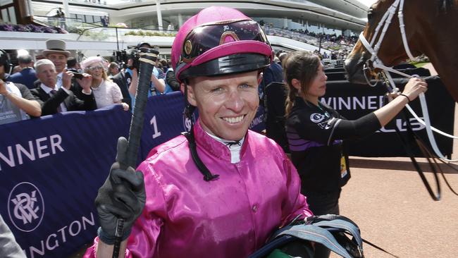 MELBOURNE, AUSTRALIA - NOVEMBER 05: Kerrin McEvoy returns to scale on Sure Knee after winning race 3 the TAB Trophy during 2019 Melbourne Cup Day at Flemington Racecourse on November 05, 2019 in Melbourne, Australia. (Photo by Darrian Traynor/Getty Images)