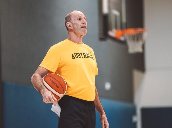 Boomers coach Brian Goorjian watches over training in LA in preparation for the Tokyo Olympics. Picture: Basketball Australia.