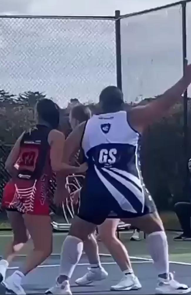 A video has emerged of a Victorian transgender women’s netball player knocking her opponent to the ground.