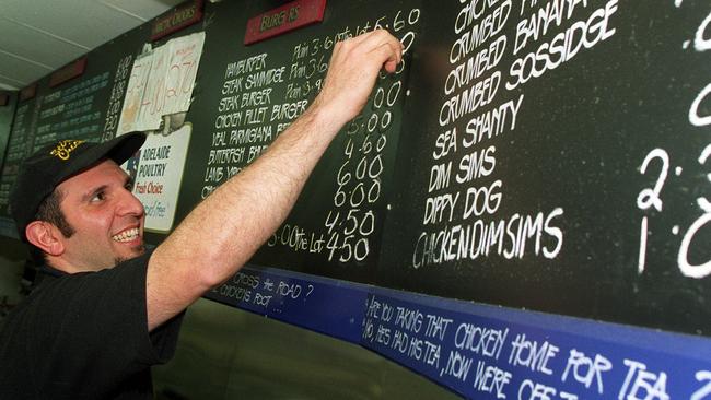 Stirling Chickens shop owner Jim Dimitriou who uses misspelt words on blackboard menu as a marketing ploy. Picture: File.