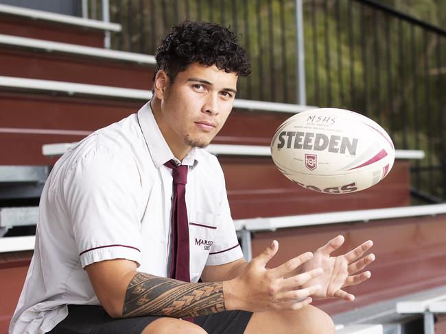 Teapo Stoltman posing at Marsden State High School at 106-130 Muchow Rd, Waterford West, Brisbane, 3rd of June 2021. (News Corp/Attila Csaszar)