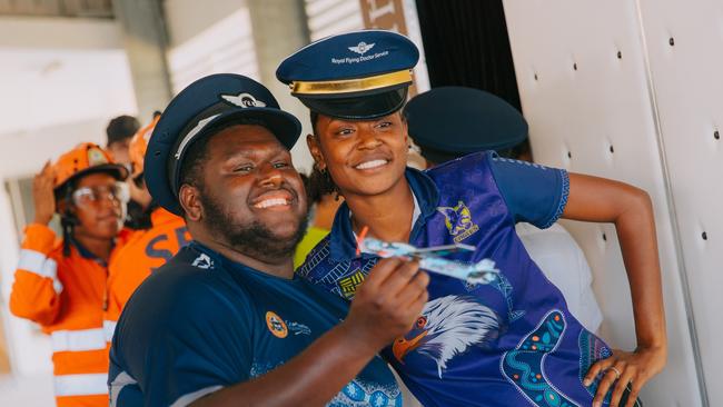 NRL Cowboys House students Tshak Daniels-Misi (Year 11) and Irene Mari (Year 12), both from Thursday Island, who attend William Ross State High School and Heatley Secondary College respectively. The Townsville students had the opportunity to witness a helicopter take-off, meet program organisers, sponsors and industry representatives and take part in aviation themed activities to officially launch the Raising Horizons program spearheaded by Gunggandji Aerospace. Picture: Josephine Carter Photography