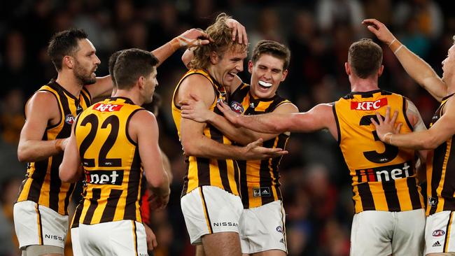 Max Lynch celebrates an early goal against the Bombers. Picture: Dylan Burns/AFL Photos