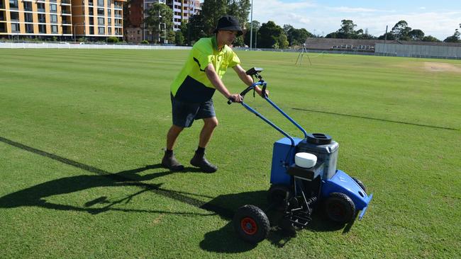 A line marker at Mark Taylor Oval in Waitara. Hornsby Council has plans for the upgrade of sports field.