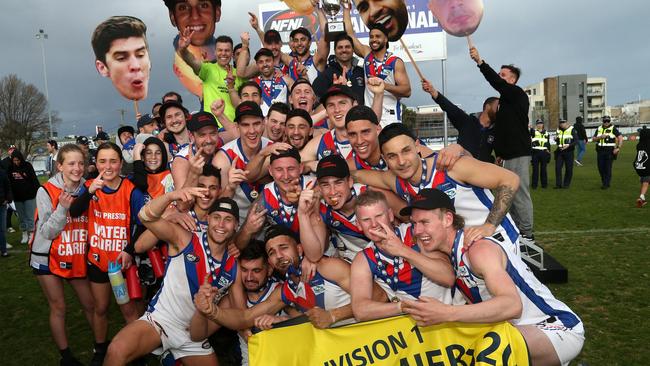 West Preston-Lakeside celebrate back-to-back Division 1 premierships. Picture: Hamish Blair