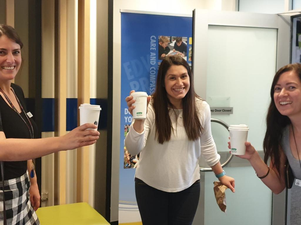 Edwardstown Primary School teachers Carissa Colman, Alexandra Yin and Elise Davies enjoying coffee from a $400 tab the school's parents placed at The Little Fig. Picture: Supplied