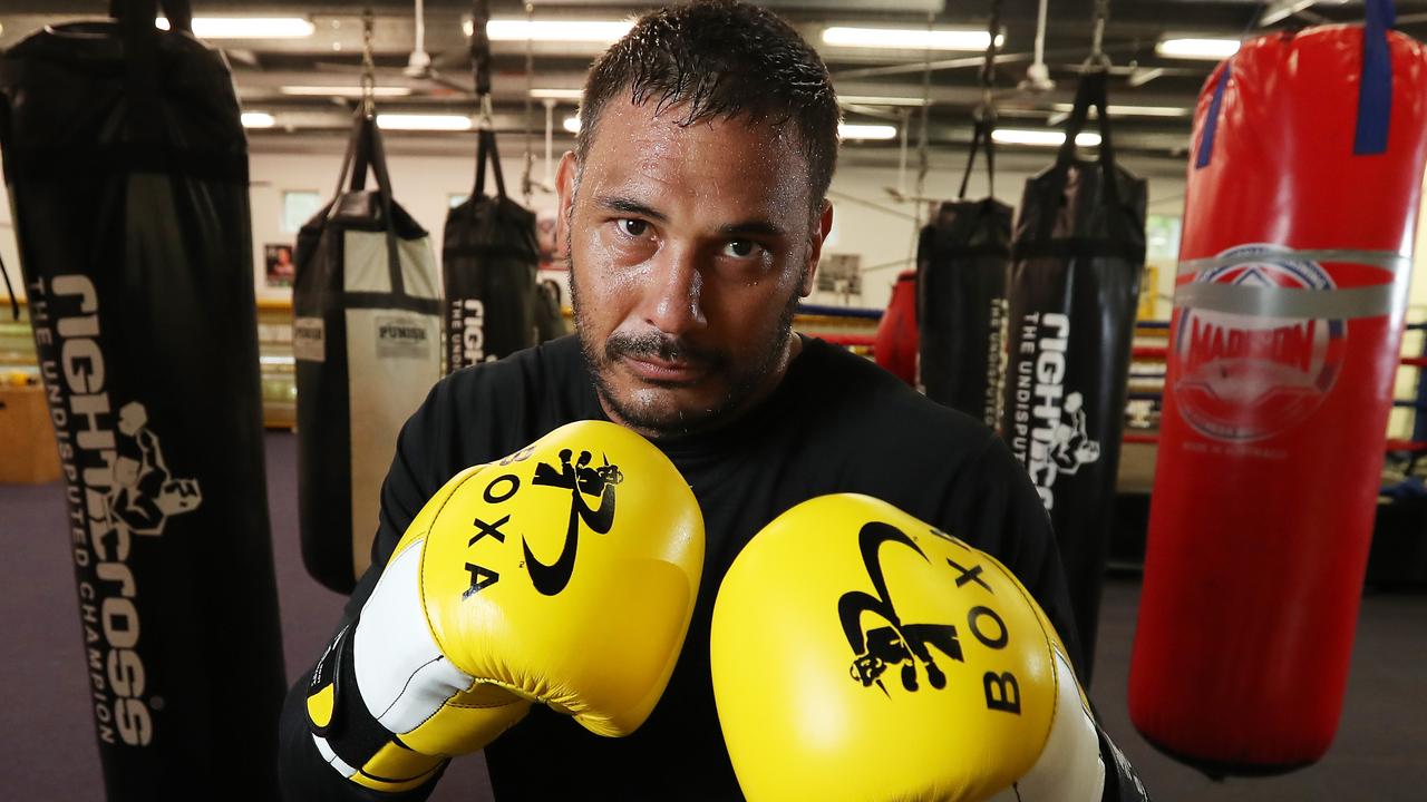 Former Broncos captain Justin Hodges during boxing training at The Boxing Shop gym. Photographer: Liam Kidston.