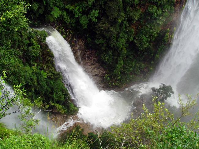 70m Coomera Falls (L) and 165m Yarrabilgong Falls (R) drop into Coomera Gorge in Lamington National Park, 6km from Binna Burra Lodge - weather waterfalls travel tourism aerials