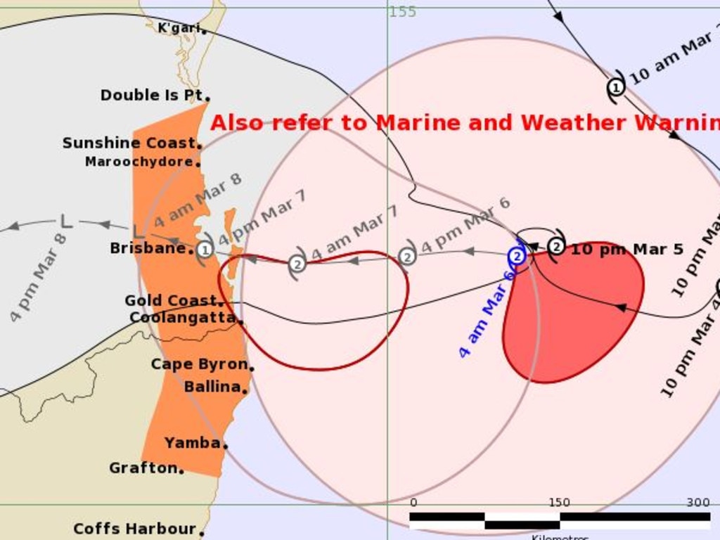 The Bureau of Meteorology's 4.51am tracking map shows Alfred hitting the mainland closer to Friday afternoon.