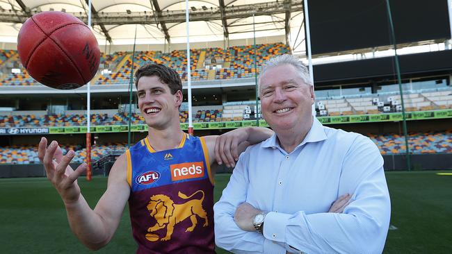 Brisbane Lions CEO Greg Swann with midfielder Jarrod Berry. Picture: Lyndon Mechielsen/The Australian