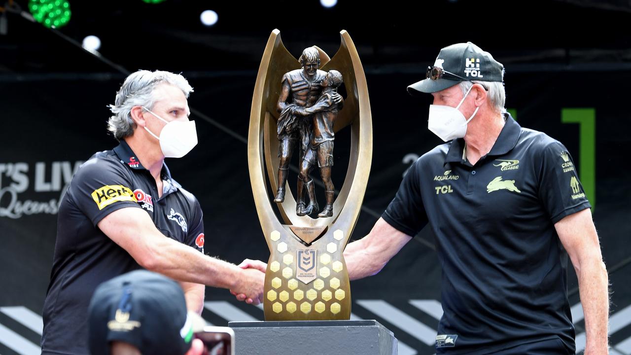 Rival coaches Ivan Cleary and Wayne Bennett shake hands at the NRL Grand Final Fan Fest at King George Square in Brisbane. Picture: Bradley Kanaris/Getty Images