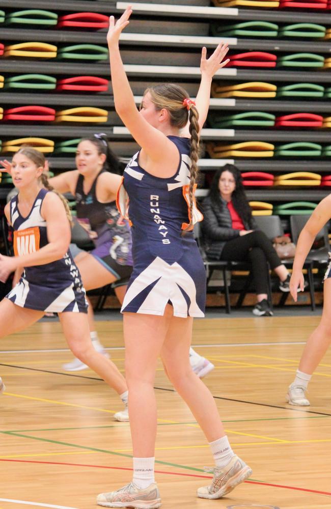 Jessica Freeman, Bianca Theodore and Imogen Everson playing in Townsville's Premier League netball in 2024. Picture: Townsville City Netball Association Inc.