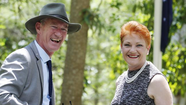One Nation State Leader Steve Dickson with Pauline Hanson at a Remembrance Day Service at the EJ Foote Memorial Gardens in Buderim. Picture: Lachie Millard