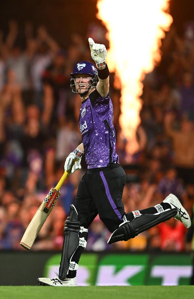 Mitch Owen brings up his hundred. Picture: Steve Bell/Getty Images.