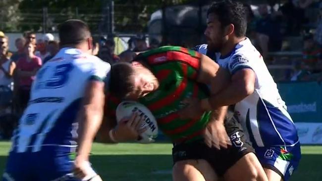 Sam Burgess injures his shoulder during a game against the Warriors on the Sunshine Coast.