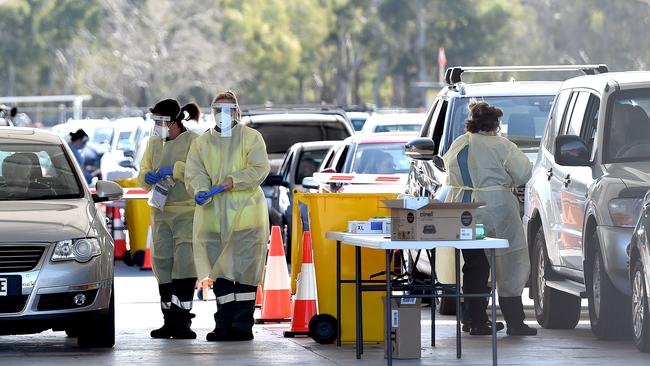 Cars line up at the new COVID testing station in Victoria Park last week. Picture: NCA NewsWire / Naomi Jellicoe