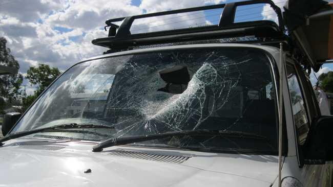 A family narrowly escaped seriously injury after a brick fell from a truck, bounced off the road and shattered two windscreens on the Warrego Highway near Miles on Thursday. Picture: QPS