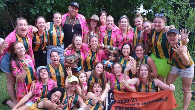 Winners are grinners: the PINT Football Club women make some noise after the Queenants’ four premierships. Picture: Grey Morris