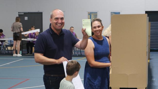 LNP candidate for Leichhardt Jeremy Neal with his wife Leearna and son Winston, 5, votes in the federal election at Our Lady Help of Christians School . Picture: Samuel Davis