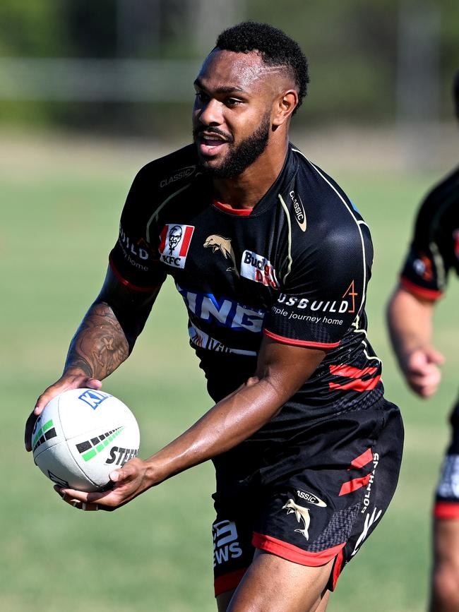 Hamiso Tabuai-Fidow runs with the ball during a Dolphins NRL training session at Kayo Stadium on February 03, 2023 in Brisbane, Australia. (Photo by Bradley Kanaris/Getty Images)