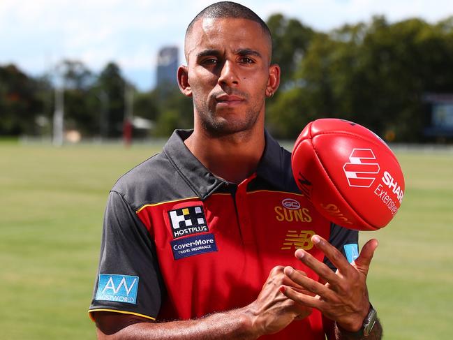 BRISBANE, AUSTRALIA - MARCH 09: Touk Miller of the Suns poses during 2022 AFL Premiership Captain's Day at Yeronga FC on March 09, 2022 in Brisbane, Australia.  (Photo by Chris Hyde/AFL Photos/Getty Images)